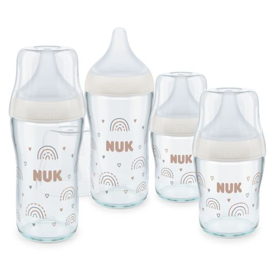 Nuk Glas-Flasche 4er Pack Perfect Match 120 ml & 230 ml + Silikon-Sauger Gr. S & M - Regenbogen - Weiß