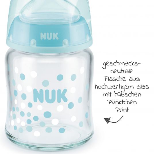 Nuk Glass bottle First Choice Plus 120 ml + silicone teat size 1 S - Turquoise