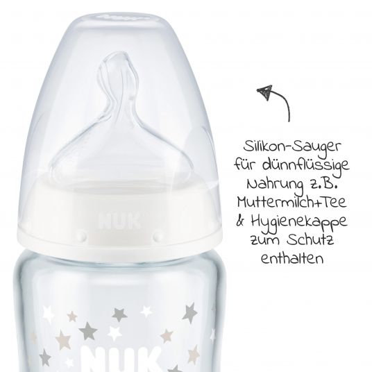 Nuk Glass bottle First Choice Plus Temperature Control 120 ml + silicone teat size 1 S - White