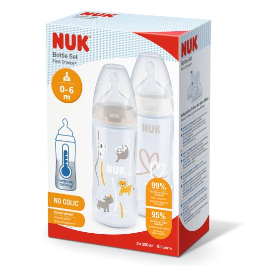 Nuk Bottiglia in PP 2-pack First Choice Plus 300 ml + tettarella in silicone taglia 1 M - Controllo della temperatura - Beige