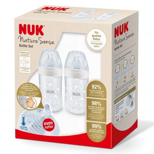 Nuk Bottiglia in PP 2 Pack Nature Sense 260 ml + tettarella in silicone taglia M - Controllo della temperatura - Bianco