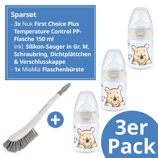 Nuk PP-Flasche 3er Pack First Choice Plus 150 ml + Silikon-Sauger Gr. 1 M - Temperature Control + GRATIS Flaschenbürste - Disney Winnie Pooh - Beige