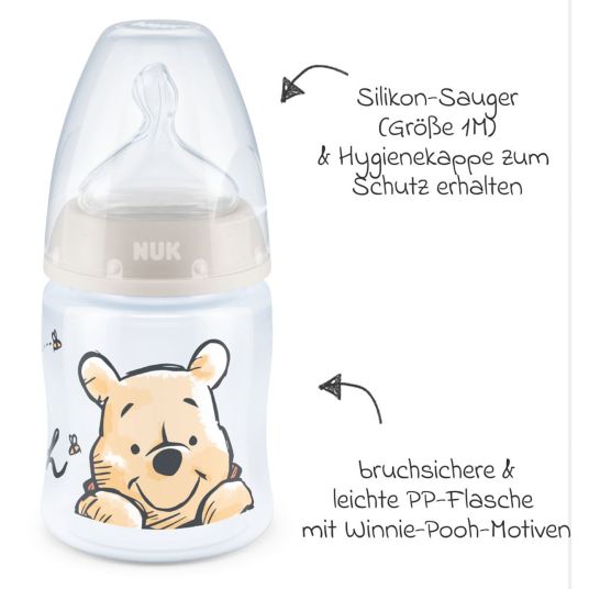 Nuk PP-Flasche 3er Pack First Choice Plus 150 ml + Silikon-Sauger Gr. 1 M - Temperature Control + GRATIS Flaschenbürste - Disney Winnie Pooh - Beige
