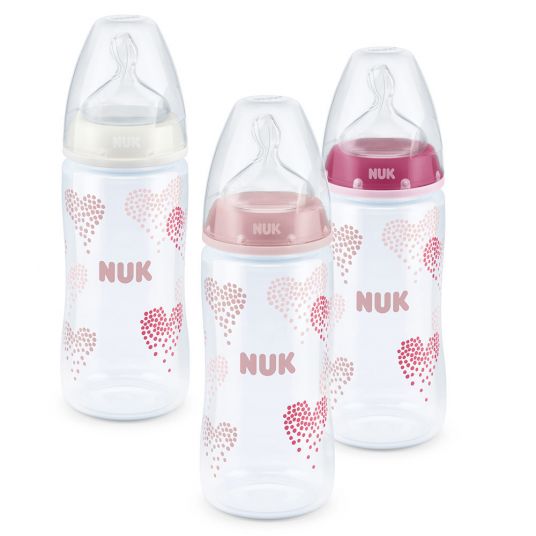 Nuk PP-Flasche 3er Pack First Choice Plus 300 ml - Silikon Gr. 1 M - Herzen - Rosa