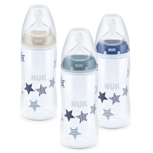 Nuk PP-bottle pack of 3 First Choice Plus 300 ml - silicone size 1 M - stars - blue