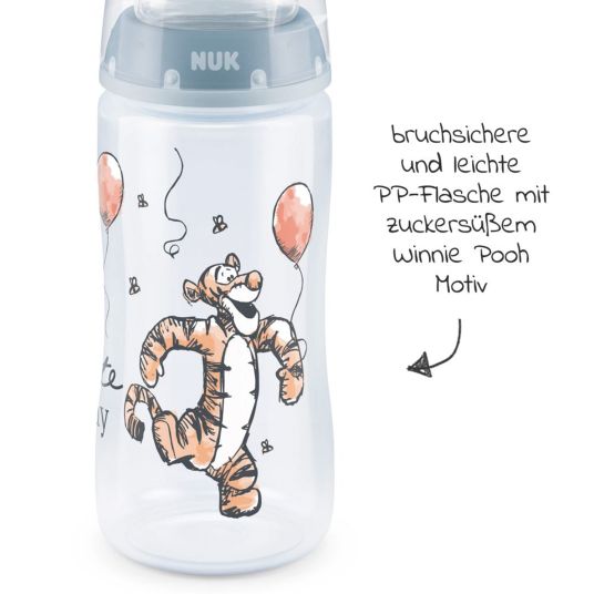 Nuk PP-Flasche 3er Pack First Choice Plus 300 ml + Silikon-Sauger Gr. 1 M - Temperature Control + Flaschenbürste - Disney Winnie Pooh - Blau