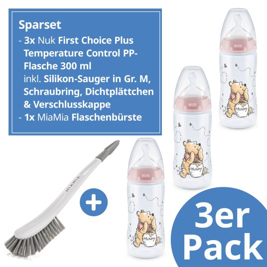 Nuk PP-Flasche 3er Pack First Choice Plus 300 ml + Silikon-Sauger Gr. 1 M - Temperature Control + Flaschenbürste - Disney Winnie Pooh - Rosa