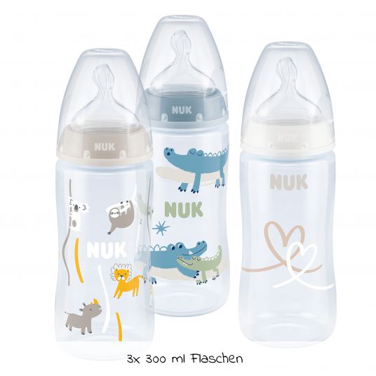 Nuk PP-Flasche 3er Pack First Choice Plus 300 ml + Silikon-Sauger Gr. M - Temperature Control - Blau