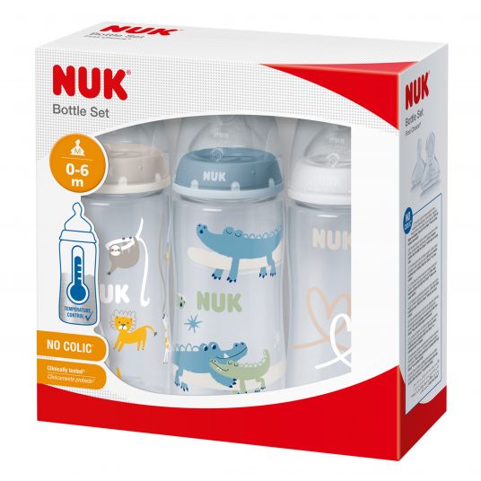 Nuk PP-Flasche 3er Pack First Choice Plus 300 ml + Silikon-Sauger Gr. M - Temperature Control - Blau