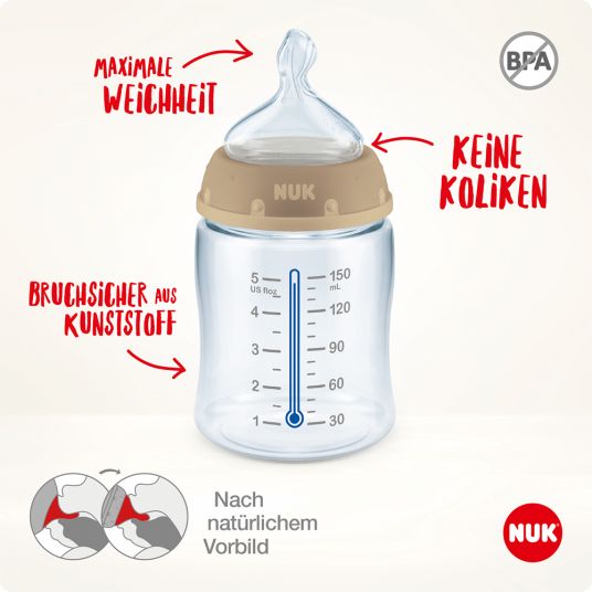 Nuk PP-Flasche First Choice Plus 150 ml + Silikon-Sauger Gr. 1 M - Temperature Control - Disney Winnie Pooh - Beige