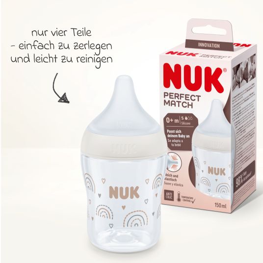 Nuk PP-Flasche Perfect Match 150 ml + Silikon-Sauger Gr. S - Regenbogen - Weiß