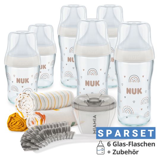 Nuk Premium glass bottle set Perfect Match 11 pcs - 6 baby bottles + bottle brush + milk powder scoop + 3 burp cloths - rainbow - white