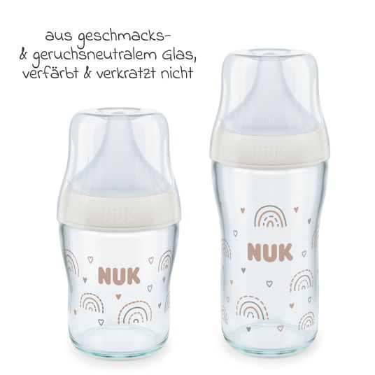 Nuk Premium Glas-Flaschen-Set Perfect Match 11-tlg. - 6 Babyflaschen + Flaschenbürste + Milchpulverportionierer + 3 Spucktücher - Regenbogen - Weiß