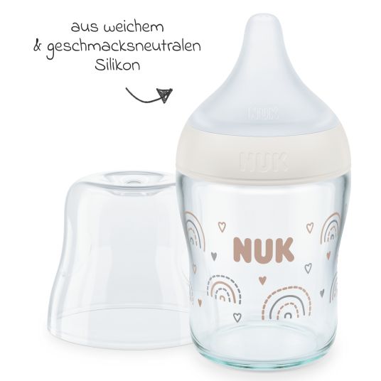 Nuk Premium glass bottle set Perfect Match 11 pcs - 6 baby bottles + bottle brush + milk powder scoop + 3 burp cloths - rainbow - white