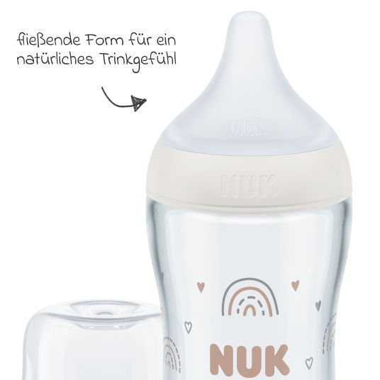 Nuk Premium Glas-Flaschen-Set Perfect Match 11-tlg. - 6 Babyflaschen + Flaschenbürste + Milchpulverportionierer + 3 Spucktücher - Regenbogen - Weiß