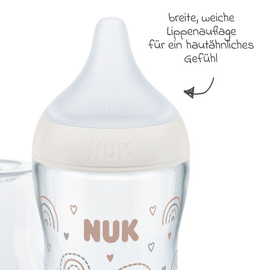 Nuk Premium Glas-Flaschen-Set Perfect Match 11-tlg. - 6 Babyflaschen + Flaschenbürste + Milchpulverportionierer + 3 Spucktücher - Regenbogen - Weiß