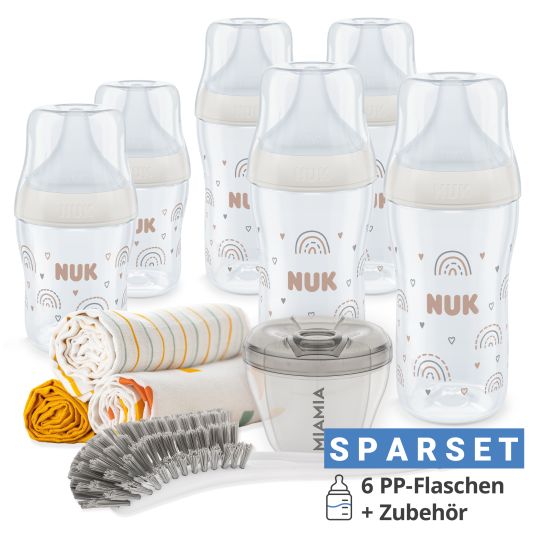 Nuk Premium PP-Flaschen-Set Perfect Match 11-tlg. - 6 Babyflaschen + Flaschenbürste + Milchpulverportionierer + 3 Spucktücher - Regenbogen - Weiß