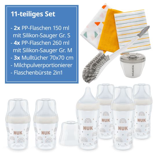 Nuk Premium PP-Flaschen-Set Perfect Match 11-tlg. - 6 Babyflaschen + Flaschenbürste + Milchpulverportionierer + 3 Spucktücher - Regenbogen - Weiß