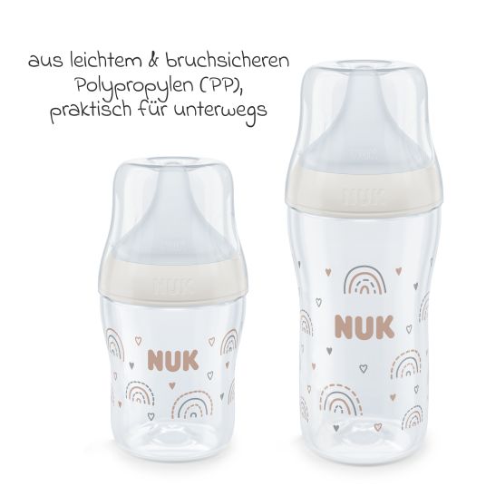 Nuk Premium PP-Flaschen-Set Perfect Match 11-tlg. - 6 Babyflaschen + Flaschenbürste + Milchpulverportionierer + 3 Spucktücher - Regenbogen - Weiß