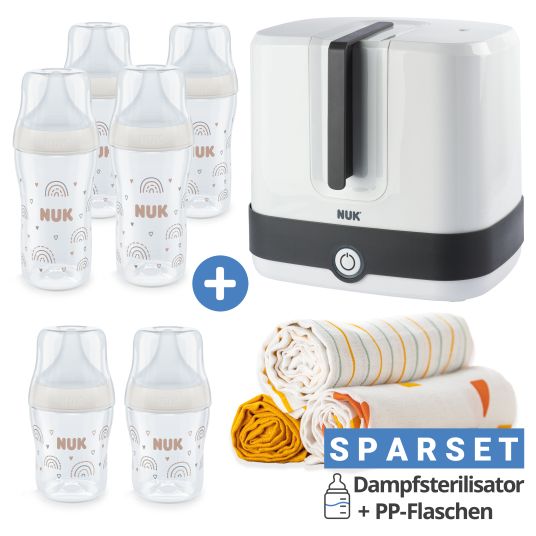 Nuk Premium Starter-Set 10-tlg. - Dampfsterilisator Vario Express + 6 PP-Flaschen Perfect Match + 3 Spucktücher - Regenbogen - Weiß