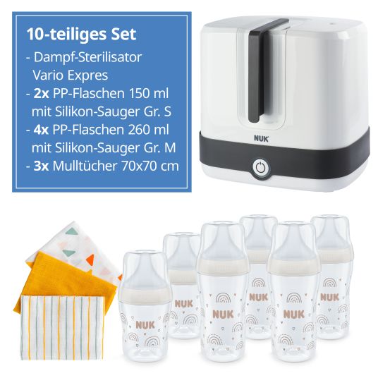 Nuk Set iniziale Premium 10 pezzi - sterilizzatore a vapore Vario Express + 6 biberon Perfect Match PP + 3 pannolini per il ruttino - arcobaleno - bianco