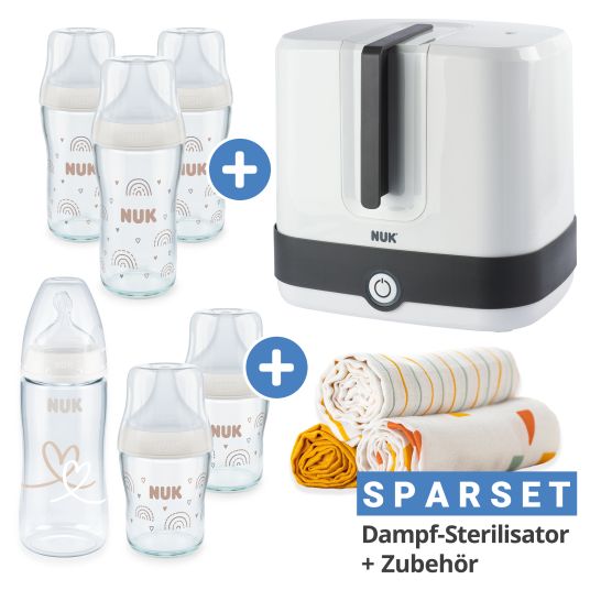 Nuk Set iniziale Premium 11 pezzi - Sterilizzatore a vapore Vario Express + 6 biberon Perfect Match + 3 pannolini per il ruttino - Arcobaleno - bianco