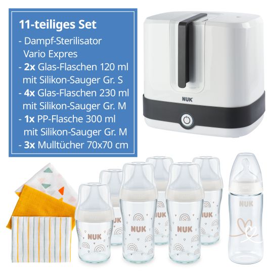 Nuk Premium Starter-Set 11-tlg. - Dampfsterilisator Vario Express + 6 Glas-Flaschen Perfect Match + 3 Spucktücher - Regenbogen - Weiß