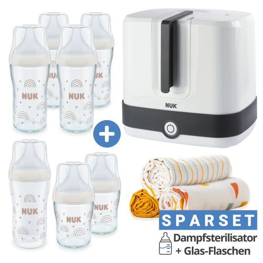 Nuk Set iniziale Premium 11 pezzi - Sterilizzatore a vapore Vario Express + 6 biberon Perfect Match + 3 pannolini per il ruttino - Arcobaleno - bianco