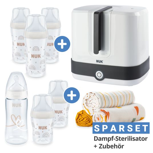 Nuk Premium Starter-Set 11-tlg. - Dampfsterilisator Vario Express + 6 PP-Flaschen Perfect Match + 3 Spucktücher - Regenbogen - Weiß