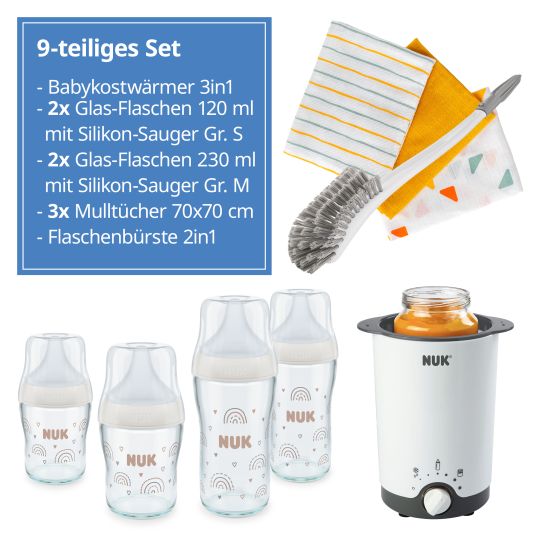 Nuk Premium Starter-Set 9-tlg. - Babykostwärmer + 4 Glas-Flaschen Perfect Match + 1 Flaschenbürste + 3 Spucktücher - Regenbogen - Weiß