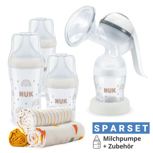 Nuk Premium Still-Set Basic 7-tlg. - Handmilchpumpe + 3 PP-Flaschen Perfect Match + 3 Spucktücher - Regenbogen - Weiß