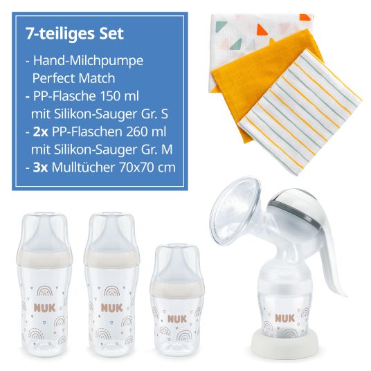 Nuk Premium Still-Set Basic 7-tlg. - Handmilchpumpe + 3 PP-Flaschen Perfect Match + 3 Spucktücher - Regenbogen - Weiß