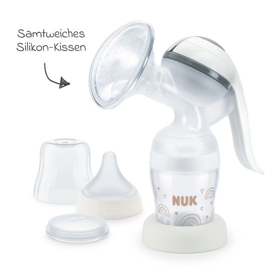 Nuk Premium Still-Set Basic 7-tlg. - Handmilchpumpe + 3 PP-Flaschen Perfect Match + 3 Spucktücher - Regenbogen - Weiß