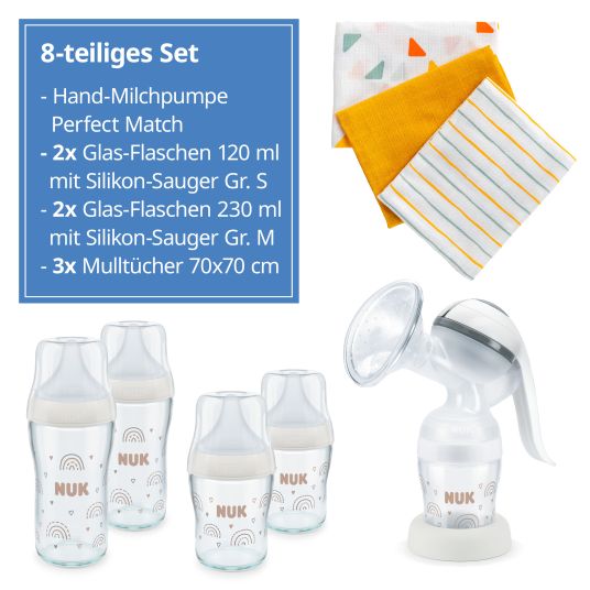 Nuk Premium Still-Set Basic 8-tlg. - Handmilchpumpe + 4 Glas-Flaschen Perfect Match + 3 Spucktücher - Regenbogen - Weiß