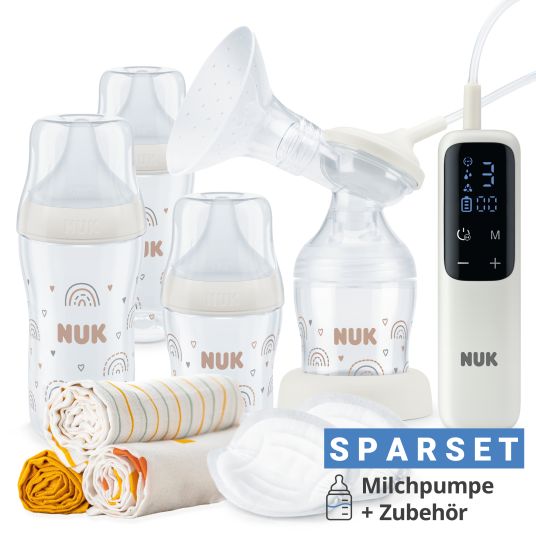 Nuk Set allattamento Premium deluxe 67 pezzi - tiralatte elettrico Soft&Easy + 3 biberon PP Perfect Match + 60 cuscinetti per l'allattamento + 3 pannolini per il ruttino - arcobaleno - bianco