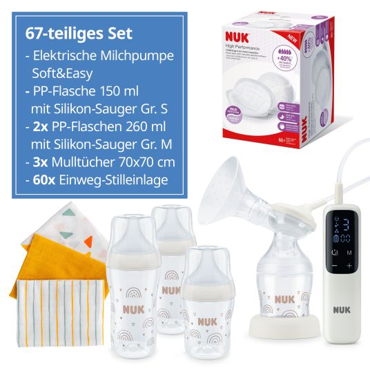 Nuk Set allattamento Premium deluxe 67 pezzi - tiralatte elettrico Soft&Easy + 3 biberon PP Perfect Match + 60 cuscinetti per l'allattamento + 3 pannolini per il ruttino - arcobaleno - bianco