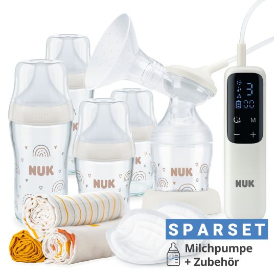 Nuk Set allattamento Premium deluxe 68 pezzi - tiralatte elettrico Soft&Easy + 4 bottiglie di vetro Perfect Match + 60 cuscinetti per l'allattamento + 3 panni per il ruttino - arcobaleno - bianco