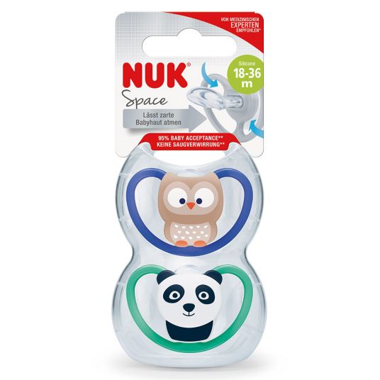 Nuk Pacifier 2 Pack Space - Silicone 18-36 M - Owl & Panda