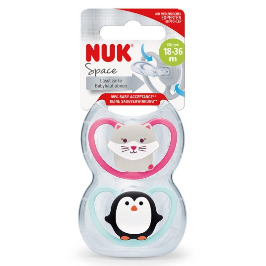 Nuk Pacifier 2 Pack Space - Silicone 18-36 M - Cat & Penguin