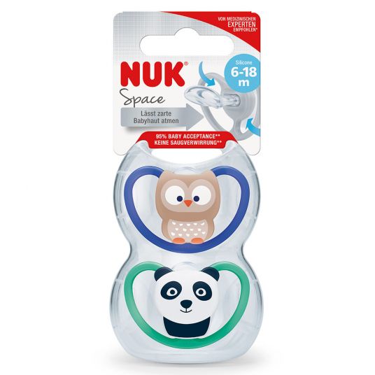 Nuk Pacifier 2 Pack Space - Silicone 6-18 M - Owl & Panda