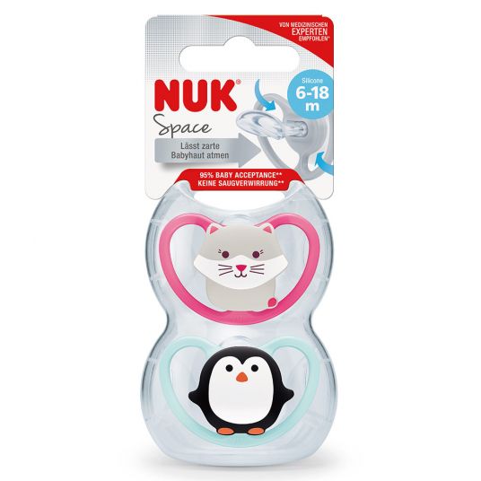 Nuk Pacifier 2 Pack Space - Silicone 6-18 M - Cat & Penguin