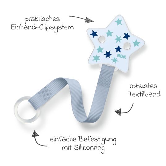 Nuk Pacifier strap for pacifiers with & without grip ring - Star - Blue