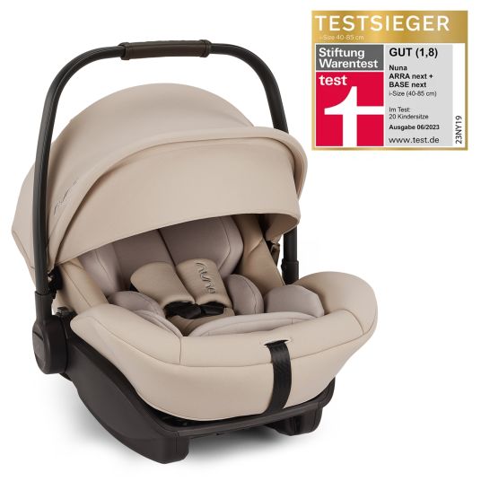 Nuna Babyschale ARRA next i-Size ab Geburt bis 13 kg (40 cm - 85 cm) Liegeposition 157° inkl. Sitzverkleinerer & Sonnenverdeck nur 3,5 kg - Biscotti