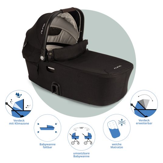 Nuna DEMI next carrycot foldable from birth to 9 months with privacy screen, ventilation window incl. mattress & raincover - Caviar