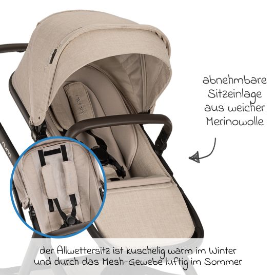 Nuna Buggy & Sportwagen DEMI next bis 22 kg mit magnetischem Gurtverschluss, umsetzbarem Allwettersitz, höhenverstellbarem Schieber, integrierter Sichtschutz inkl. Adapter & Regenschutz - Biscotti