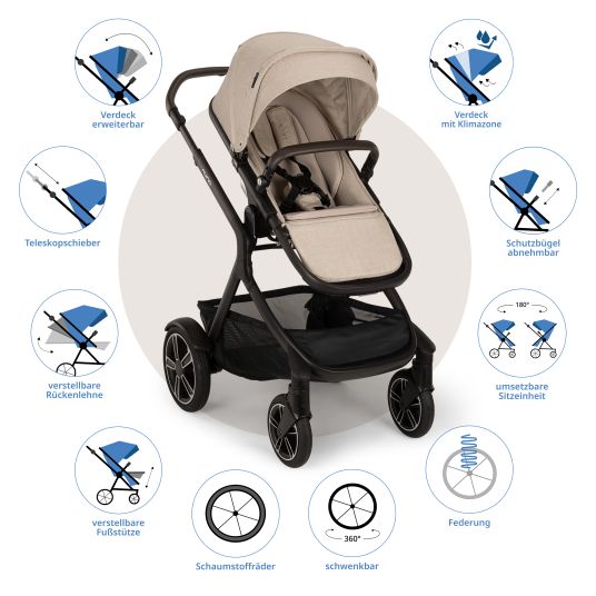 Nuna Buggy & pushchair DEMI next up to 22 kg with magnetic harness fastener, convertible all-weather seat, height-adjustable push bar, integrated privacy screen incl. adapter & rain cover - Biscotti