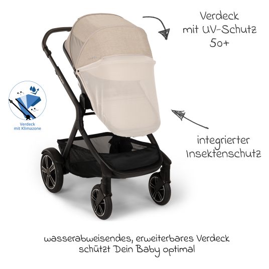 Nuna Buggy & Sportwagen DEMI next bis 22 kg mit magnetischem Gurtverschluss, umsetzbarem Allwettersitz, höhenverstellbarem Schieber, integrierter Sichtschutz inkl. Adapter & Regenschutz - Biscotti