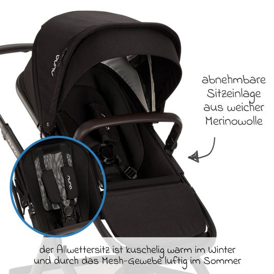 Nuna Buggy & pushchair DEMI next up to 22 kg with magnetic harness fastener, convertible all-weather seat, height-adjustable push bar, integrated privacy screen incl. adapter & rain cover - Caviar