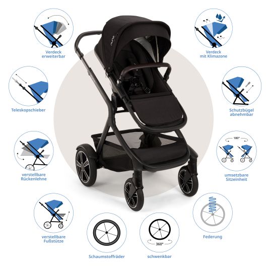 Nuna Buggy & pushchair DEMI next up to 22 kg with magnetic harness fastener, convertible all-weather seat, height-adjustable push bar, integrated privacy screen incl. adapter & rain cover - Caviar