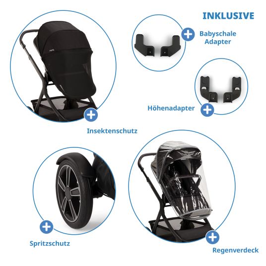 Nuna Buggy & Sportwagen DEMI next bis 22 kg mit magnetischem Gurtverschluss, umsetzbarem Allwettersitz, höhenverstellbarem Schieber, integrierter Sichtschutz inkl. Adapter & Regenschutz - Caviar